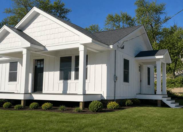 Small white modern farmhouse with a front porch, dark roof, and manicured green lawn.
